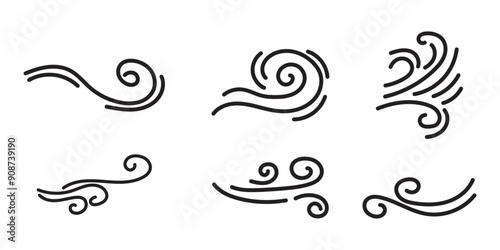 Blowing wind icon collection in black on a white background. Set of wind blow line icon. Black related to wind and waves