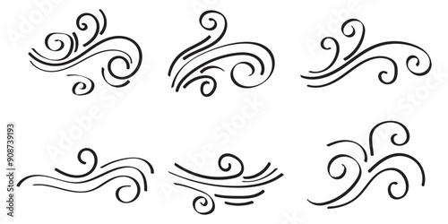 Blowing wind icon collection in black on a white background. Set of wind blow line icon. Black related to wind and waves