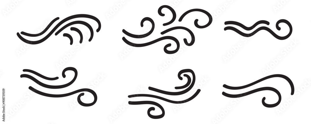 Blowing wind icon collection in black on a white background. Set of wind blow line icon. Black related to wind and waves Blowing wind icon collection in black on a white background. Set of wind blow line icon. Black related to wind and waves