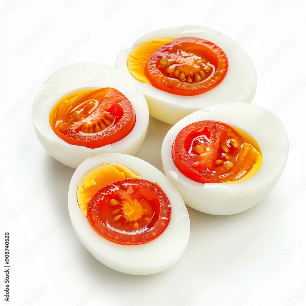 A beautiful composition of halved boiled eggs with tomato halves on a white background. A beautiful composition of halved boiled eggs with tomato halves on a white background.