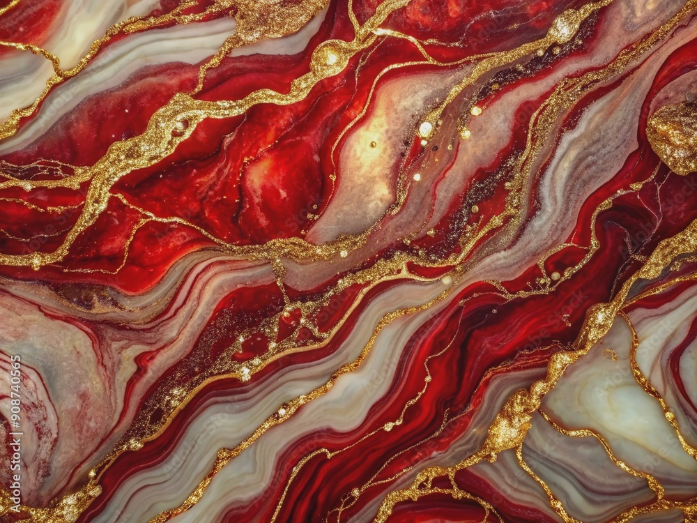 Obraz premium Luxurious high-resolution marble texture features intricate, swirling patterns of red hues intertwined with shimmering veins of gold and silver glitter for sleek designs.