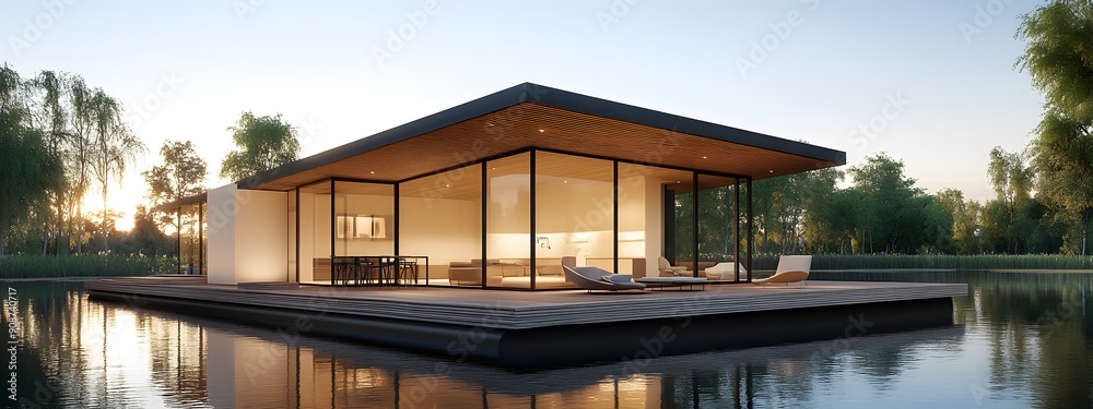 A floating modern house on the lake, with a wood deck with glass walls and a flat roof, in a minimalist design with sleek lines, overlooking calm waters A floating modern house on the lake, with a wood deck with glass walls and a flat roof, in a minimalist design with sleek lines, overlooking calm waters