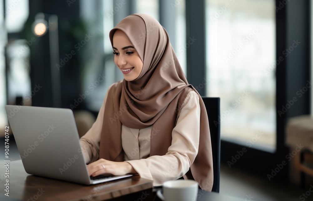 In a cozy cafe, a woman in a hijab embraces modernity as she diligently works on her laptop, seamlessly blending technology with tradition in a contemporary and culturally diverse workspace