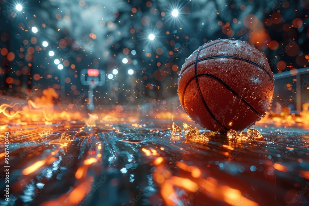 Wet Basketball on Fire with Blurry Stadium Lights
