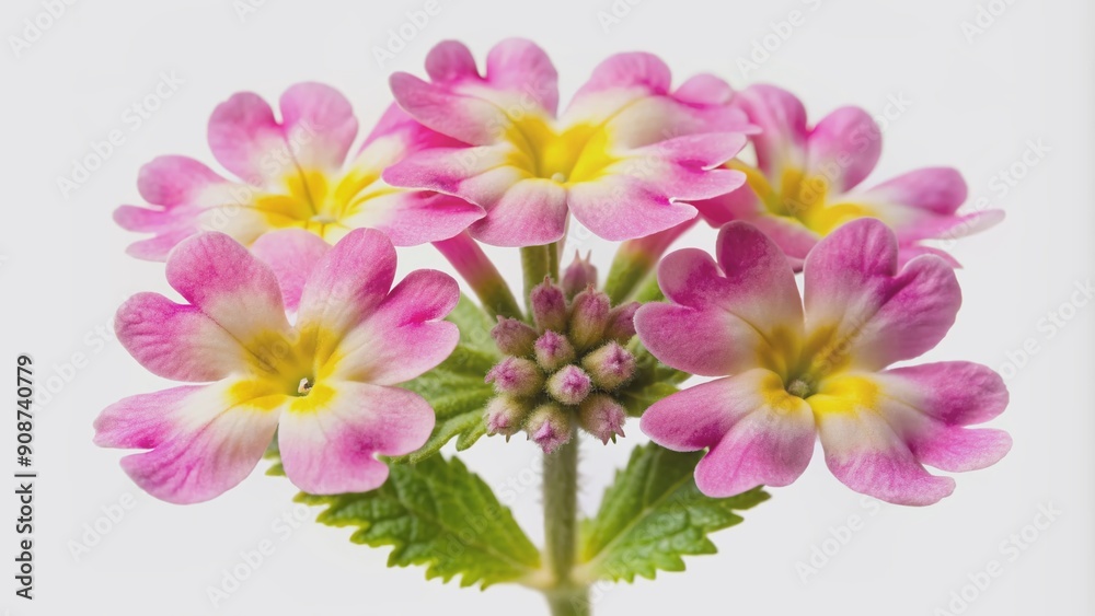 Delicate pink verbena flower with five petals and yellow center isolated on a pure white background, showcasing its intricate details and soft colors. Delicate pink verbena flower with five petals and yellow center isolated on a pure white background, showcasing its intricate details and soft colors.
