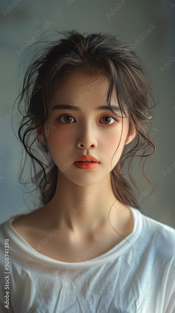 Chinese girl in a white t-shirt, casual setting, soft expression, standing outdoors, surrounded by greenery, embodying youth and serenity, cultural essence captured in simple attire. Chinese girl in a white t-shirt, casual setting, soft expression, standing outdoors, surrounded by greenery, embodying youth and serenity, cultural essence captured in simple attire.
