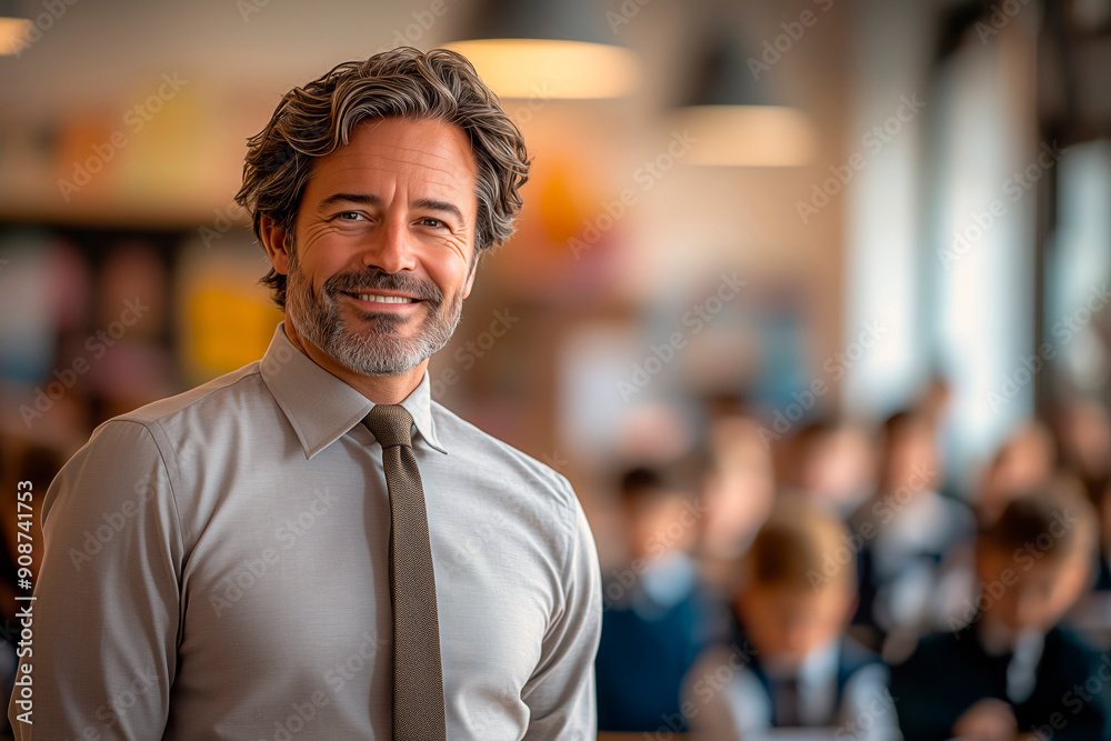 Confident teacher smiling at classroom full of engaged students during learning activity, copy space for text Confident teacher smiling at classroom full of engaged students during learning activity, copy space for text