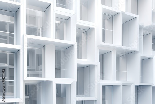 Sleek White Skyscraper, a modern architectural marvel showcasing luxurious geometric forms, soft-focus elements, and a serene monochromatic palette, featuring multi-layered aluminum windows.