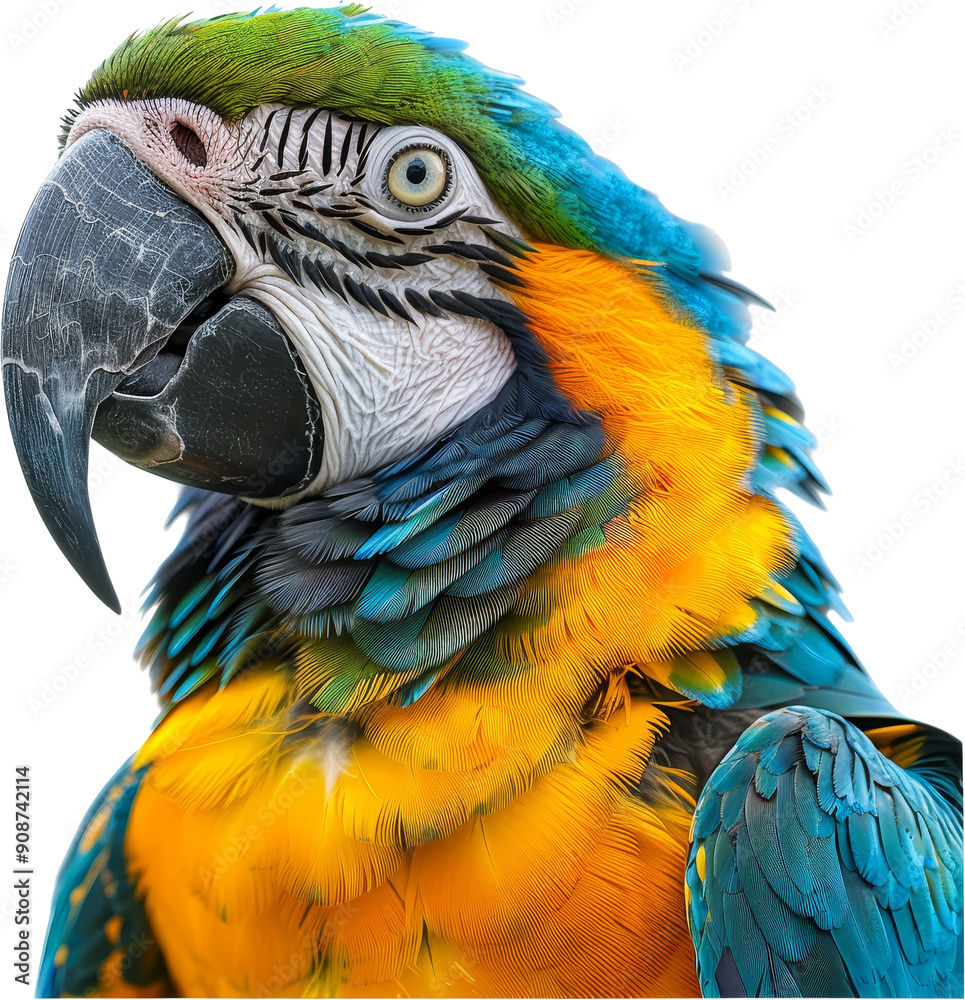 Fototapeta premium Vibrant close-up of a colorful macaw parrot, showcasing its vivid feathers and striking details against a white background.