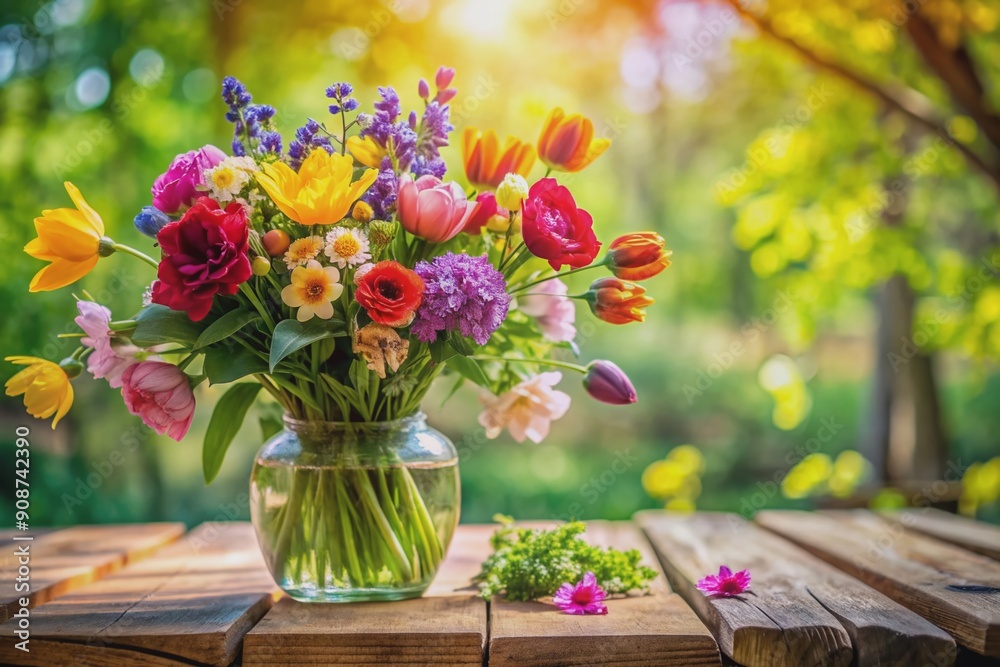 Vibrant spring floral arrangement on a rustic wooden table in front of a blurred natural outdoor background with blooming flowers and lush greenery. Vibrant spring floral arrangement on a rustic wooden table in front of a blurred natural outdoor background with blooming flowers and lush greenery.
