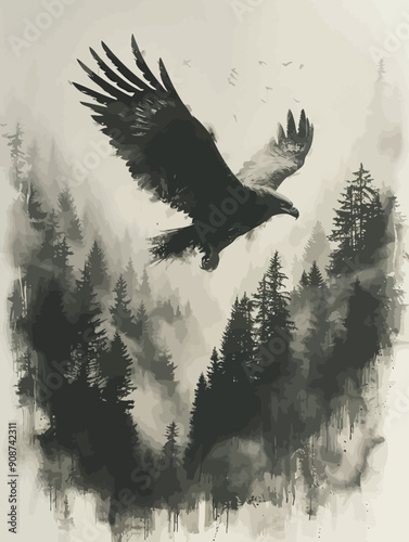 Double Exposure forest inside the silhouetteof a eagle.