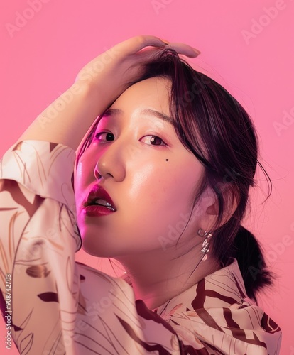 Feminine Elegance in Soft Hues, a woman poses in a stylish outfit against a pink backdrop, showcasing light gray and light crimson tones, exuding beauty with an artistic flair.