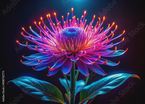 Vibrant yet mysterious, a lone exotic bloom unfolds in a dramatic, inky black background, its neon petals glowing like a beacon in the darkness. photo