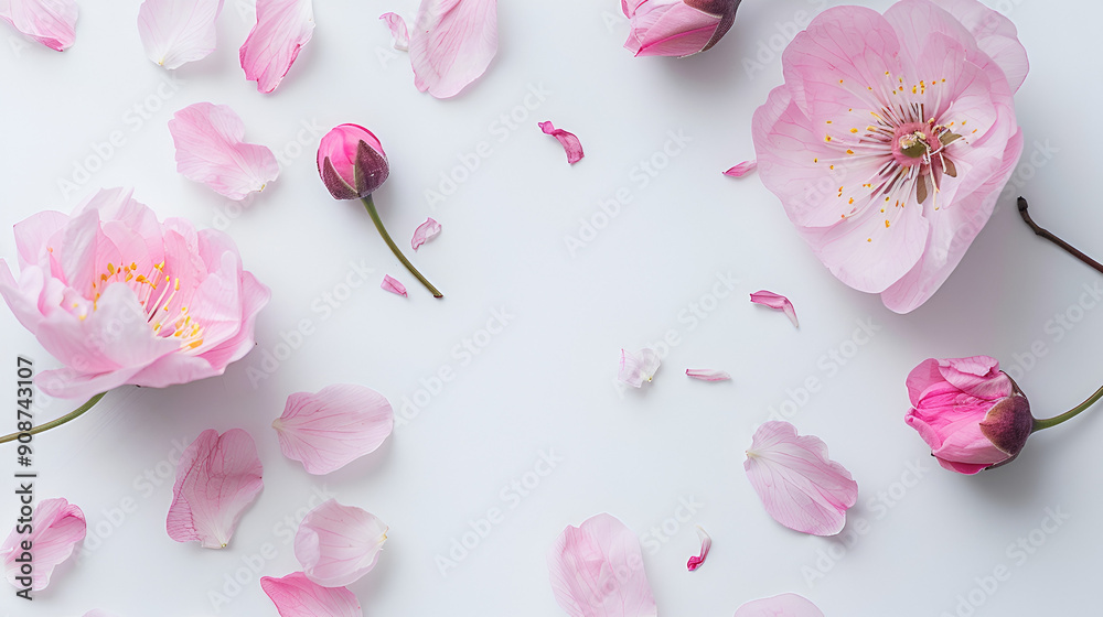 Pale pink flower petals and bud on white background. Pale pink flower petals and bud on white background.