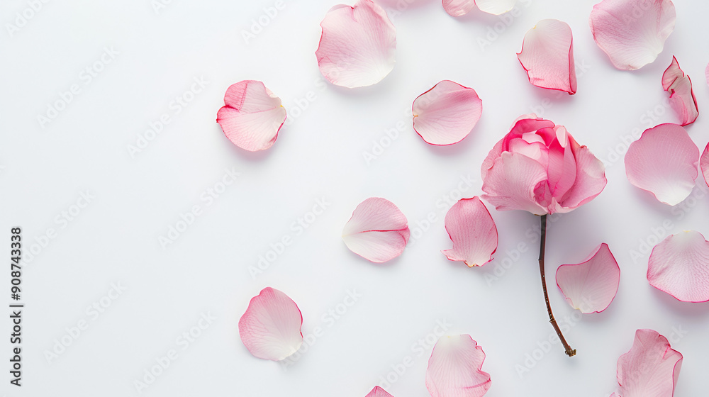 Fototapeta premium Pale pink flower petals and bud on white background.