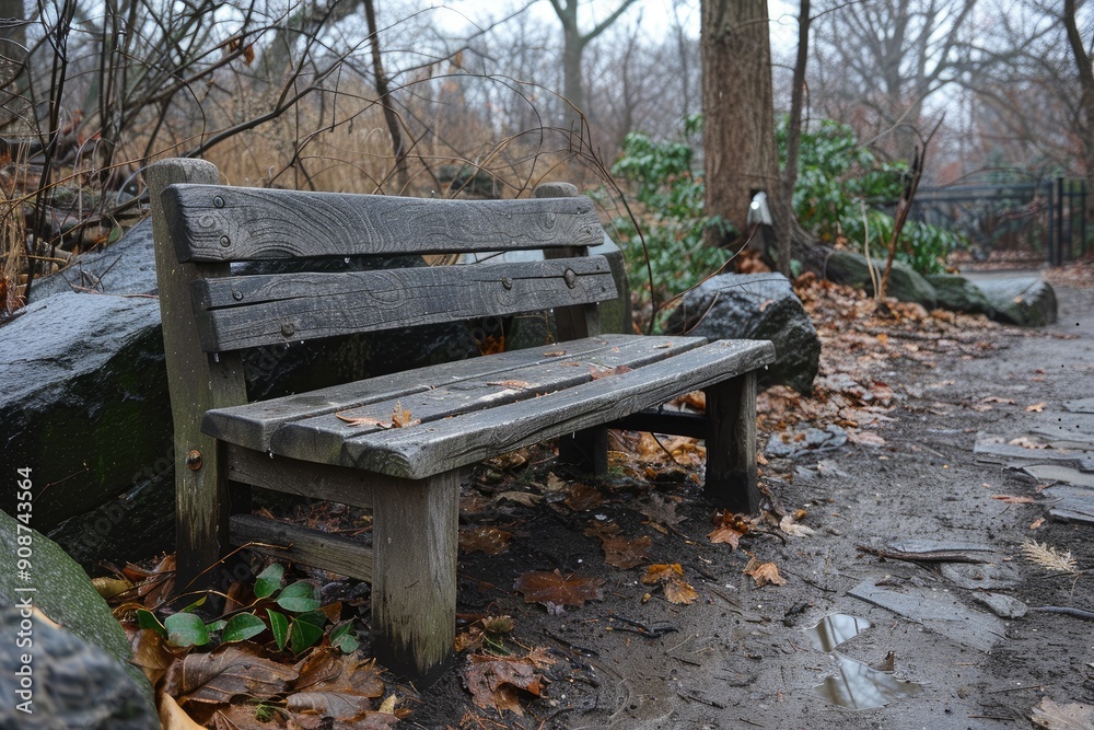 Wooden Bench in a Rainy Forest Setting Wooden Bench in a Rainy Forest Setting