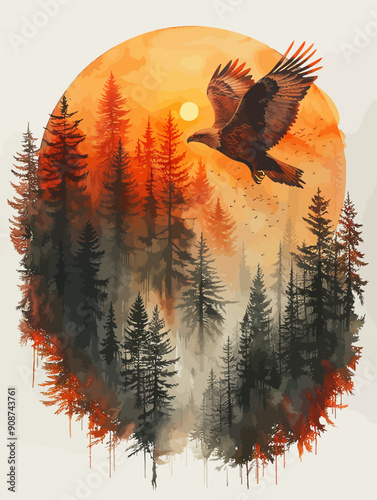 Double Exposure forest inside the silhouetteof a eagle.