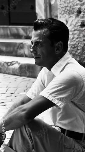A relaxed summer afternoon in Rome, July 1963, featuring a charming man enjoying leisure, capturing the essence of carefree moments and the vibrant atmosphere of the city.