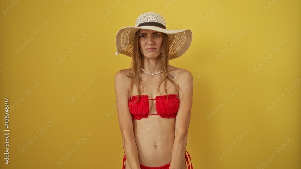 Woman in yellow bikini and summer hat looking sad and depressed with worried expression against isolated yellow background, crying due to stress and anxiety, alone and distressed Woman in yellow bikini and summer hat looking sad and depressed with worried expression against isolated yellow background, crying due to stress and anxiety, alone and distressed