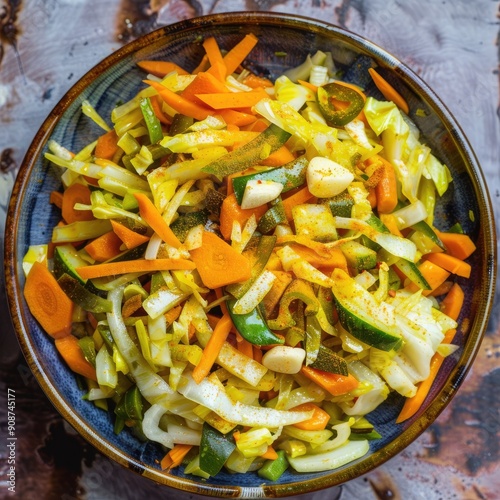 Vibrant Achards de Légumes, a traditional Reunion Island dish showcasing finely julienned vegetables, bright colors, zesty flavors, and an elegant presentation in a minimalist setting.