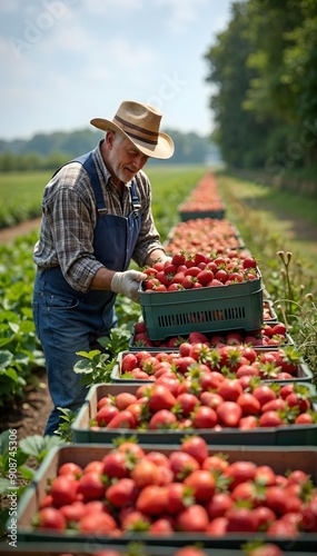 A man wearing a hat and gloves picking strawberries in a field. He is holding a basket of strawberries in his hands and there are trays of strawberries on the ground around him.