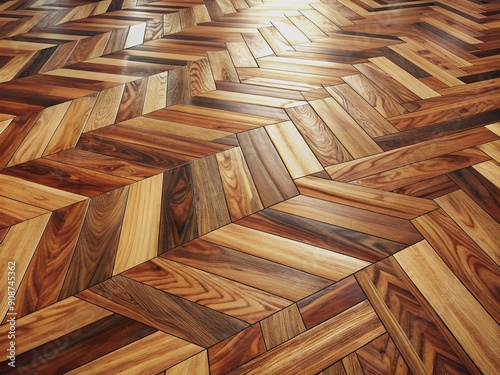 Richly textured wooden floor with intricate grain pattern and subtle color variation, crafted from CGI material, evoking the classic elegance of parquet flooring. photo