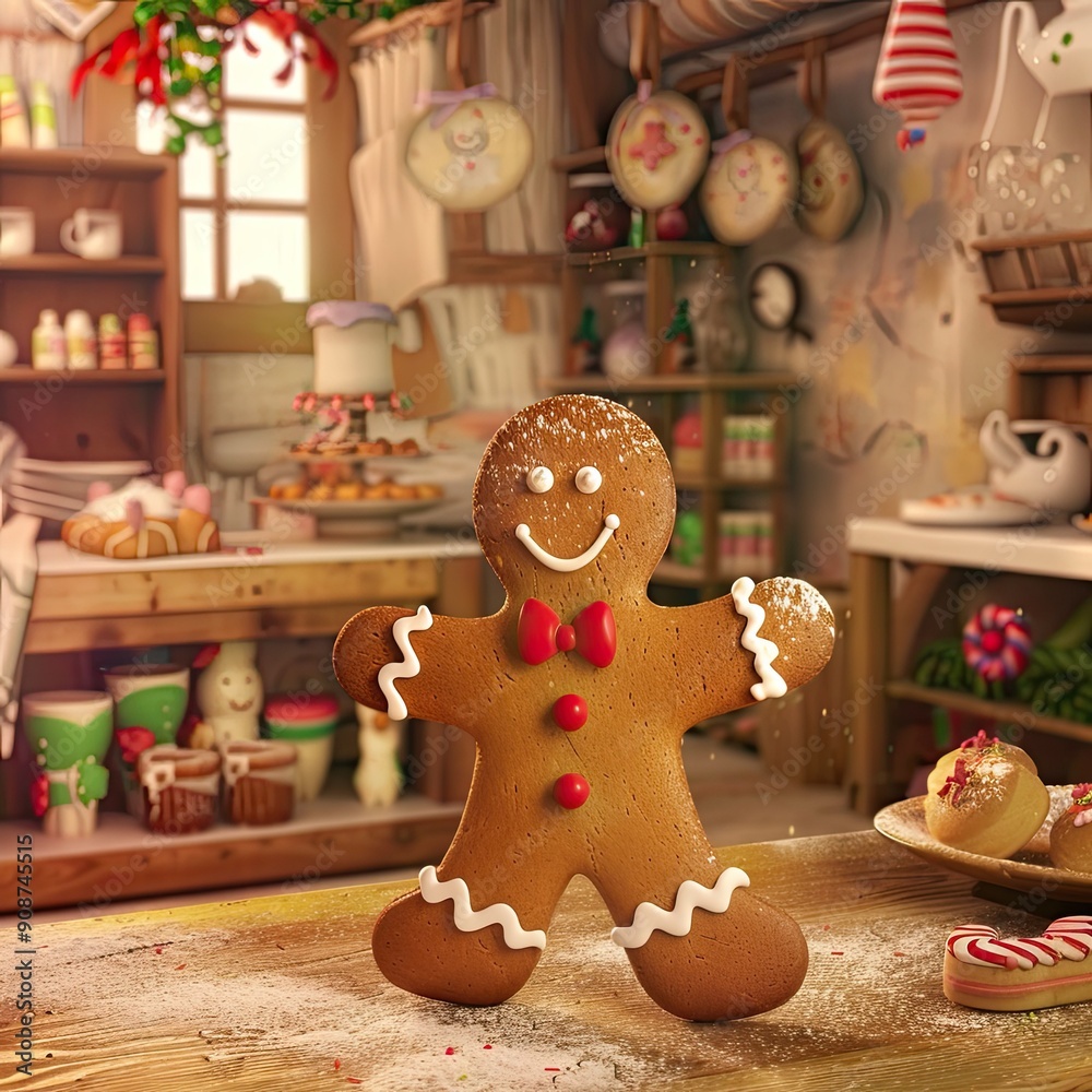 Obraz premium Whimsical Gingerbread Man in a Cozy Bakery, Cheerful character with icing details, surrounded by colorful pastries and festive decorations, evoking a playful holiday spirit