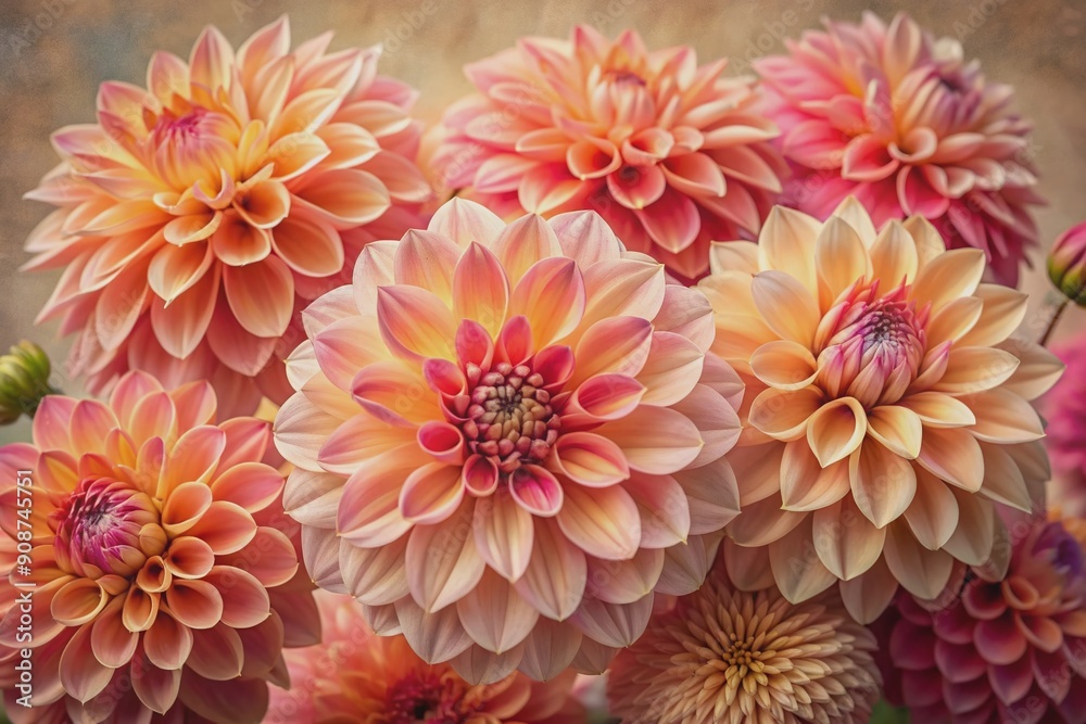 Vibrant peach and pink dahlia flowers, with intricate petals and delicate centers, arranged artfully against a textured background, capturing nature's essence in warm, soft hues. Vibrant peach and pink dahlia flowers, with intricate petals and delicate centers, arranged artfully against a textured background, capturing nature's essence in warm, soft hues.