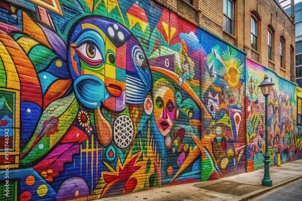 Obraz premium Vibrant hues of spray-painted graffiti art splatter across a worn urban wall, showcasing an eclectic mix of abstract shapes, playful patterns, and bold typography.