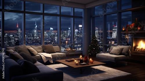 Christmas Elegance in a Spacious Urban Living Room, Adorned with Glowing Lights, Featuring Tonalist Skies and Scenic City Views Through Expansive Windows, Soft Snowfall Outside