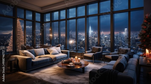 Christmas Elegance in a Grand Living Room, spacious interior adorned with festive decorations, large windows showcasing a city skyline, gentle snowfall, warm glowing lights, serene ambiance