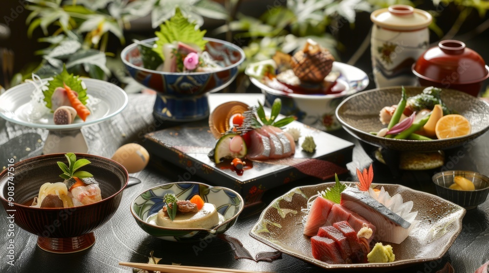 An elegant kaiseki meal served in a traditional Japanese inn, with multiple courses including seasonal appetizers, sashimi, grilled dishes An elegant kaiseki meal served in a traditional Japanese inn, with multiple courses including seasonal appetizers, sashimi, grilled dishes