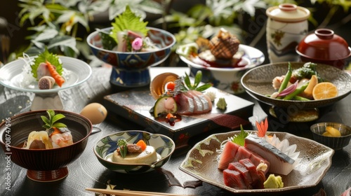 An elegant kaiseki meal served in a traditional Japanese inn, with multiple courses including seasonal appetizers, sashimi, grilled dishes