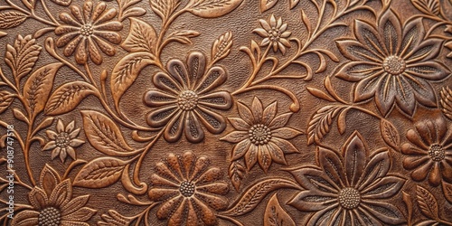 Richly textured worn leather with intricate embossed floral patterns in earthy tones, subtle creases and cracks, evoking a sense of vintage elegance and sophistication.