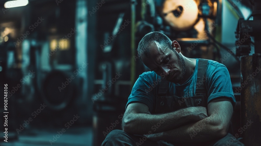 A tired worker sits in a dimly lit industrial setting, reflecting on the challenges of the day. A tired worker sits in a dimly lit industrial setting, reflecting on the challenges of the day.