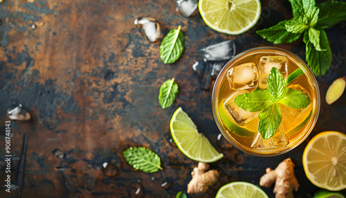 Golden Ginger Ale Beer Cocktail with Lime, Lemon and Mint in glaass on wooden table, top view with copy space photo