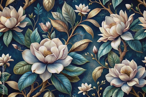 Fototapeta Naklejka Na Ścianę i Meble -  Luxurious dark blue watercolor mural features exotic magnolia flowers in a seamless, baroque-inspired 3D floral pattern, perfect for premium wallpaper or modern digital backgrounds.