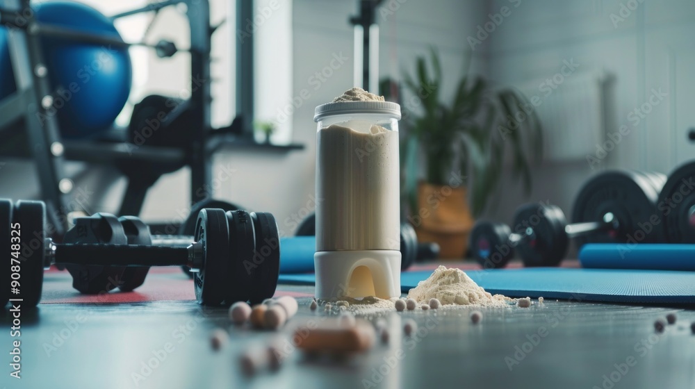 An energetic gym scene featuring a tub of protein powder next to a shaker bottle, surrounded by fitness equipment like dumbbells and a yoga mat. An energetic gym scene featuring a tub of protein powder next to a shaker bottle, surrounded by fitness equipment like dumbbells and a yoga mat.