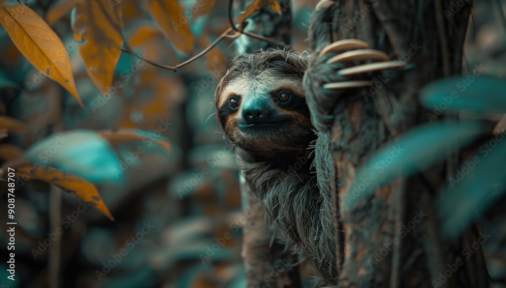 Obraz premium Curious sloth peekaboo in the jungle