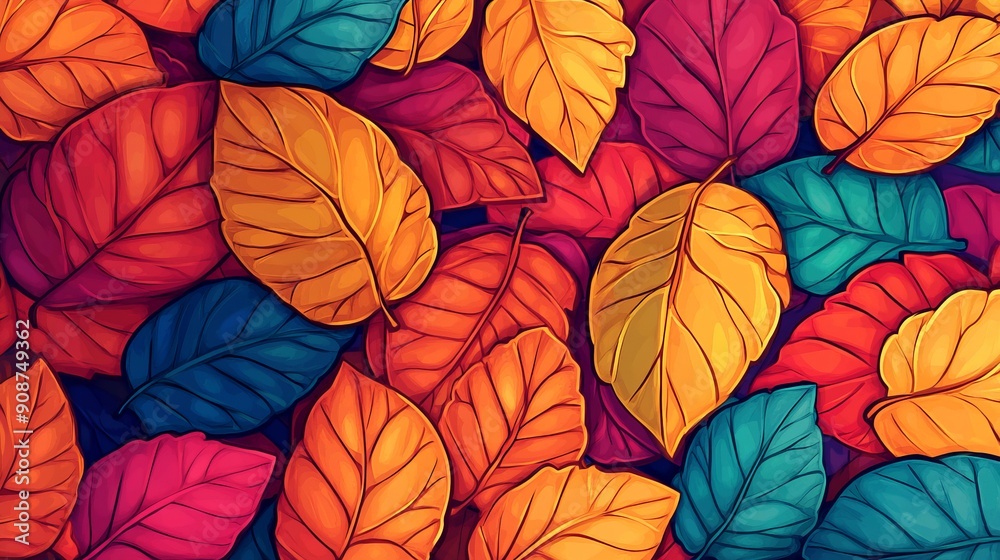 Colorful autumn leaves are drawn in a simple cartoon style. They are repeating infinitely on a background of autumn colors. Colorful autumn leaves are drawn in a simple cartoon style. They are repeating infinitely on a background of autumn colors.