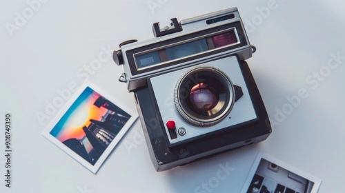 An instant Polaroid camera with a few freshly printed photos scattered around it, set against a white background, evoking a sense of nostalgia.