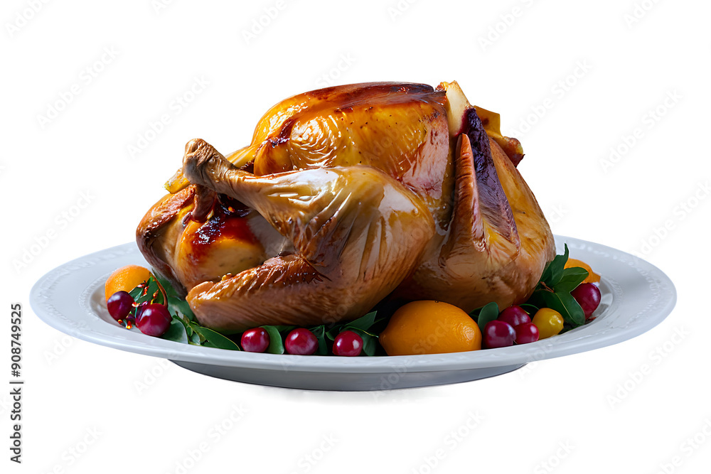 Delicious roasted turkey, thanksgiving food, easter cuisine, meat on the plate isolated on transparent background