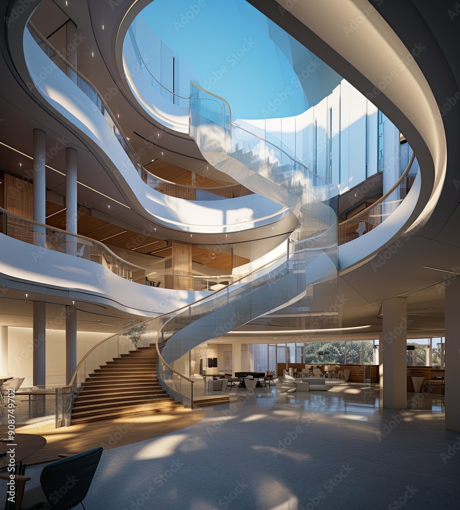 Fototapeta premium Spiraling Atrium with Glass Ceiling, showcasing light blue and gray tones, layered fibers and veneer panels, subtle lighting, designed for sustainable science academia.
