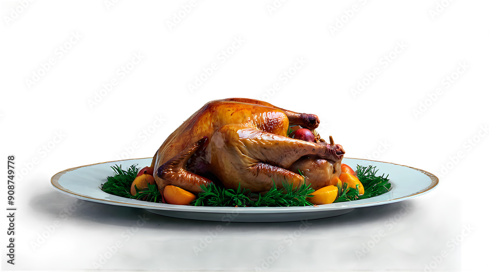 Delicious roasted turkey, thanksgiving food, easter cuisine, meat on the plate isolated on transparent background