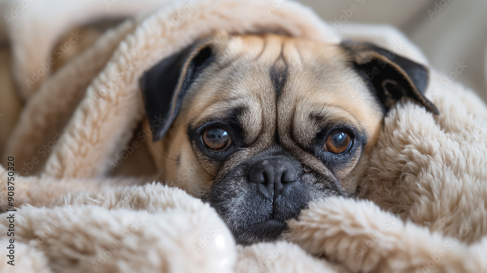 Pug dog wrapped in a cozy blanket, gazing with big, expressive eyes, conveying warmth and comfort Pug dog wrapped in a cozy blanket, gazing with big, expressive eyes, conveying warmth and comfort