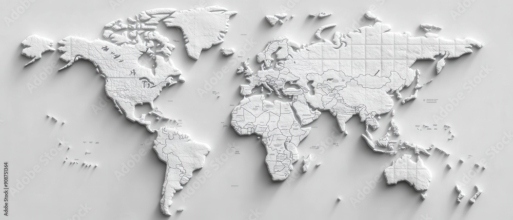 3D World Map, Intricate white 3D world map with detailed textures and shadows, Global Representation. 3D World Map, Intricate white 3D world map with detailed textures and shadows, Global Representation.