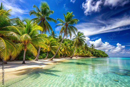 Exotic tropical beach featuring palm trees and crystal-clear water. Showcases a pristine and idyllic setting with vibrant greenery and serene, transparent waves, ideal for conveying relaxation and tro photo