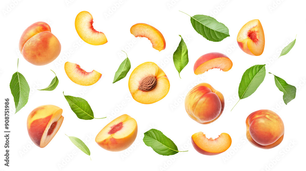 set of peach fruit with half slice and green leaves isolated on transparent white background, clipping path set of peach fruit with half slice and green leaves isolated on transparent white background, clipping path