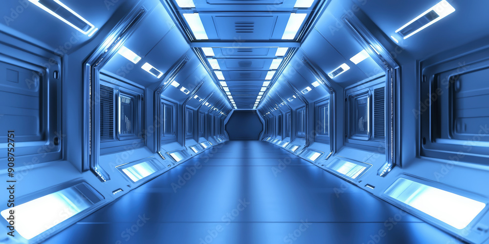 Obraz premium Futuristic Sci-Fi corridor with lighting, featuring sleek metallic walls and advanced technology.