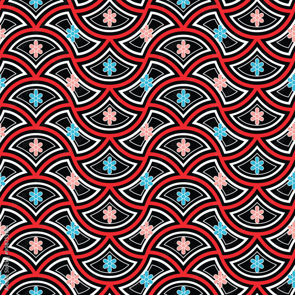 Japanese Curl Fan Wave Vector Seamless Pattern